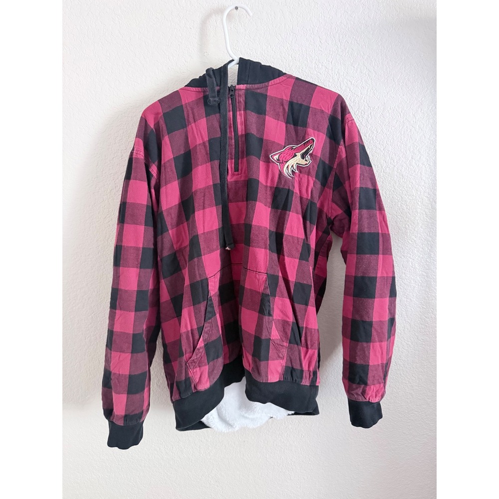 NHL Arizona Coyotes Buffalo Plaid Sherpa Lined Half Zip Hoodie Red Black Large